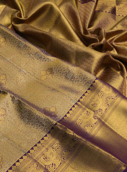 Pure kanchipuram tissue silk saree gold and violet with allover zari woven brocade weaves and rich zari woven border