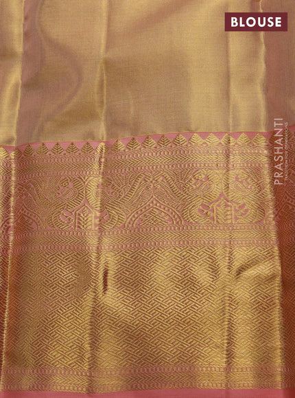 Pure kanchipuram tissue silk saree mild peach and peach with allover silver zari woven brocade weaves and rich zari woven border