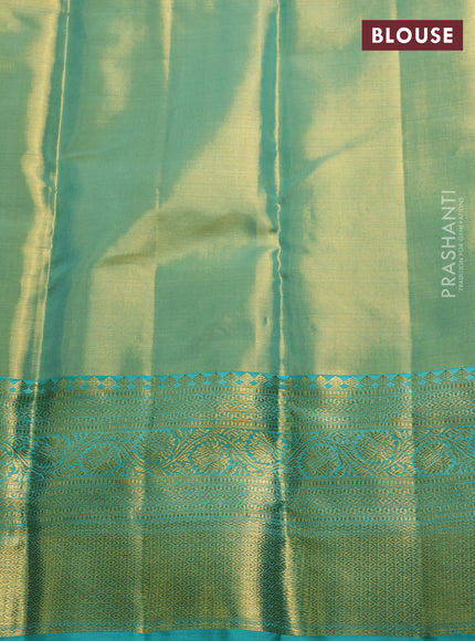 Pure kanchipuram tissue silk saree dual shade of teal and teal blue with allover zari woven brocade weaves and rich zari woven border