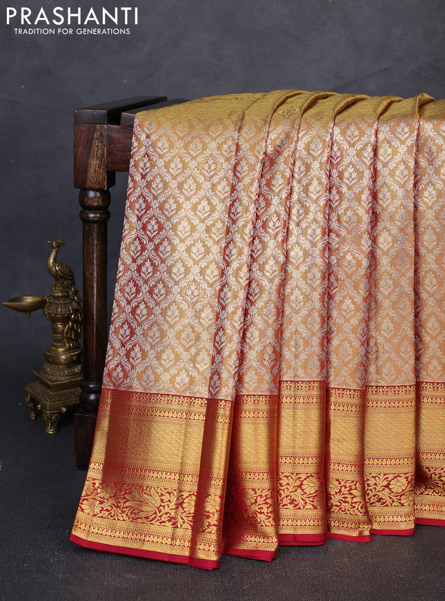 Pure kanchipuram tissue silk saree gold and maroon with allover zari woven brocade weaves and rich zari woven border