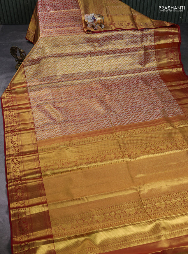 Pure kanchipuram tissue silk saree gold and maroon with allover zari woven brocade weaves and rich zari woven border