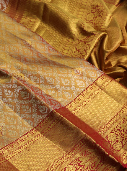 Pure kanchipuram tissue silk saree gold and maroon with allover zari woven brocade weaves and rich zari woven border