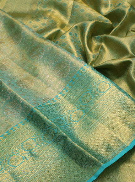 Pure kanchipuram tissue silk saree dual shade of teal and teal blue with allover zari woven brocade weaves and rich zari woven border