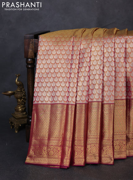 Pure kanchipuram tissue silk saree dual shade of gold and wine shade with allover zari woven brocade weaves and long rich zari woven border