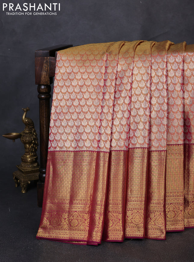 Pure kanchipuram tissue silk saree dual shade of gold and wine shade with allover zari woven brocade weaves and long rich zari woven border