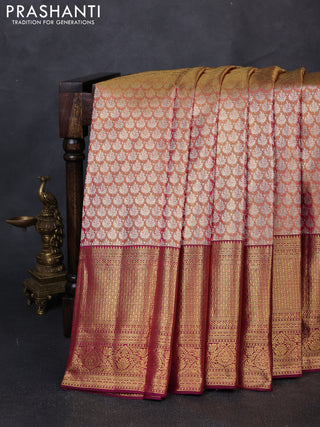 Pure kanchipuram tissue silk saree dual shade of gold and wine shade with allover zari woven brocade weaves and long rich zari woven border