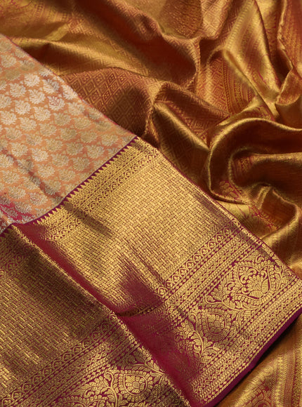 Pure kanchipuram tissue silk saree dual shade of gold and wine shade with allover zari woven brocade weaves and long rich zari woven border