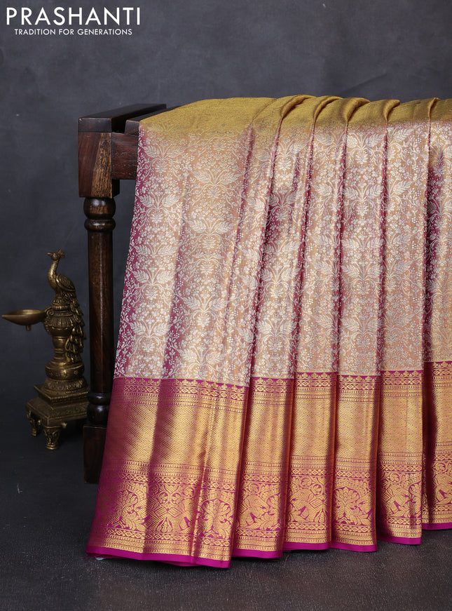 Pure kanchipuram tissue silk saree dual shade of gold and purple with allover zari woven brocade weaves and long rich zari woven border
