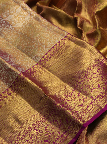 Pure kanchipuram tissue silk saree dual shade of gold and purple with allover zari woven brocade weaves and long rich zari woven border