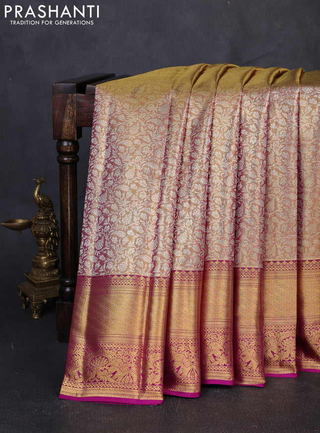 Pure kanchipuram tissue silk saree dual shade of gold and purple with allover zari woven brocade weaves and long rich zari woven border