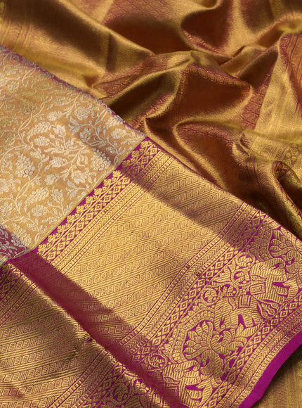 Pure kanchipuram tissue silk saree dual shade of gold and purple with allover zari woven brocade weaves and long rich zari woven border