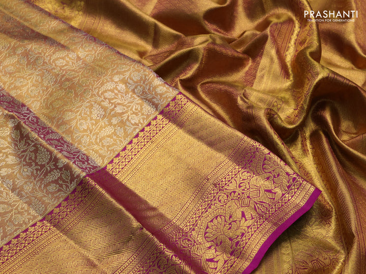 Pure kanchipuram tissue silk saree dual shade of gold and purple with allover zari woven brocade weaves and long rich zari woven border