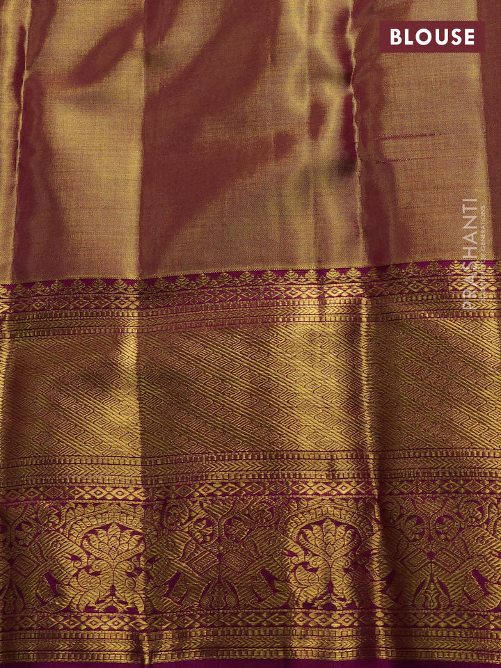 Pure kanchipuram tissue silk saree dual shade of gold and purple with allover zari woven brocade weaves and long rich zari woven border