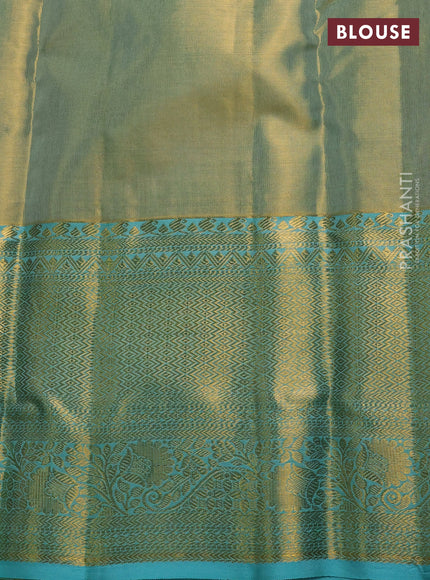 Pure kanchipuram tissue silk saree dual shade of gold and teal blue with allover zari woven brocade weaves and long rich zari woven border