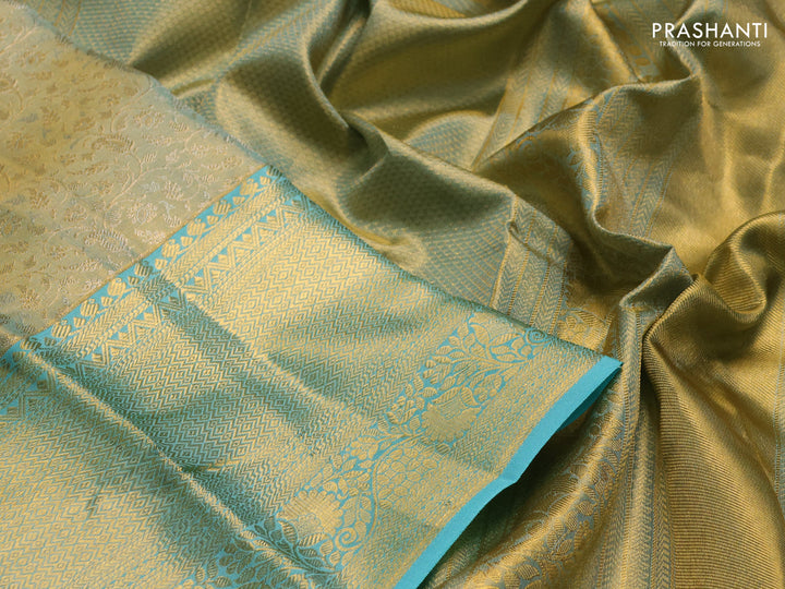 Pure kanchipuram tissue silk saree dual shade of teal and teal blue with allover zari woven brocade weaves and long rich zari woven border