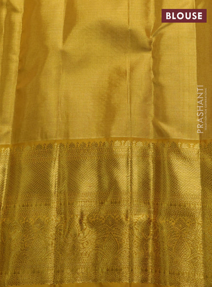Pure kanchipuram tissue silk saree golden yellow with allover zari woven brocade weaves and rich zari woven border