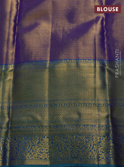 Pure kanchipuram tissue silk saree dual shade of lavender and dual shade of teal blue with allover zari woven brocade weaves and long rich zari woven border