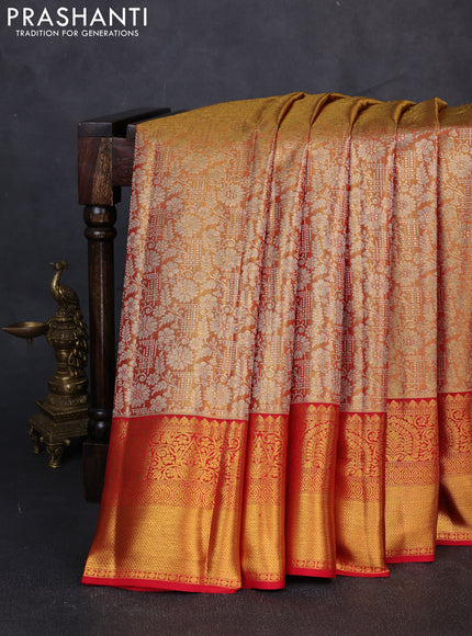 Pure kanchipuram tissue silk saree dual shade of golden red and red with allover zari woven brocade weaves and rich zari woven border