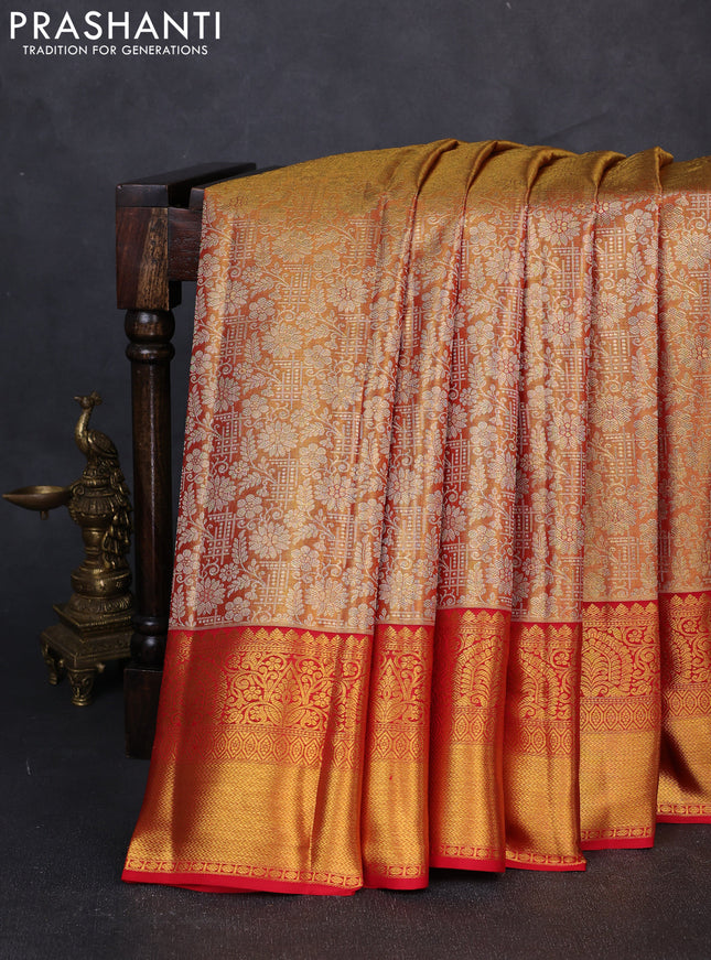 Pure kanchipuram tissue silk saree dual shade of golden red and red with allover zari woven brocade weaves and rich zari woven border