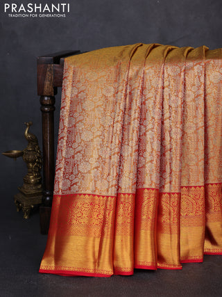 Pure kanchipuram tissue silk saree dual shade of golden red and red with allover zari woven brocade weaves and rich zari woven border