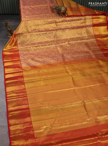 Pure kanchipuram tissue silk saree dual shade of golden red and red with allover zari woven brocade weaves and rich zari woven border