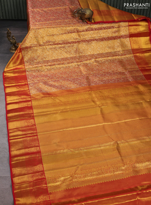 Pure kanchipuram tissue silk saree dual shade of golden red and red with allover zari woven brocade weaves and rich zari woven border
