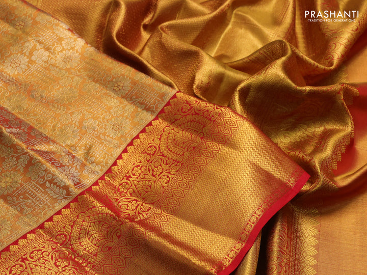 Pure kanchipuram tissue silk saree dual shade of golden red and red with allover zari woven brocade weaves and rich zari woven border