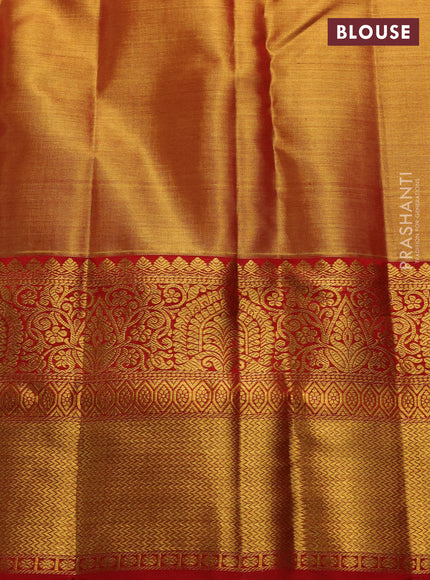 Pure kanchipuram tissue silk saree dual shade of golden red and red with allover zari woven brocade weaves and rich zari woven border