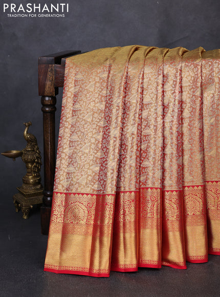 Pure kanchipuram tissue silk saree golden red and red with allover zari woven brocade weaves and rich zari woven border