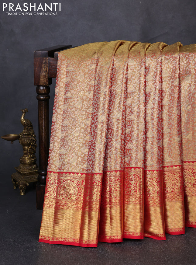Pure kanchipuram tissue silk saree golden red and red with allover zari woven brocade weaves and rich zari woven border