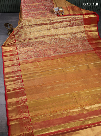 Pure kanchipuram tissue silk saree golden red and red with allover zari woven brocade weaves and rich zari woven border