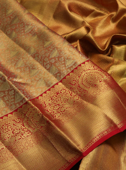 Pure kanchipuram tissue silk saree golden red and red with allover zari woven brocade weaves and rich zari woven border