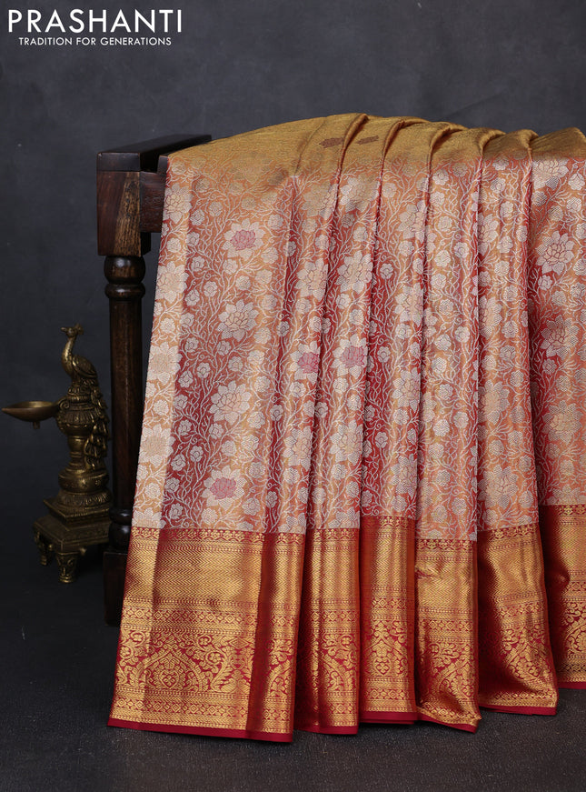 Pure kanchipuram tissue silk saree dual shade of golden red and maroon with allover zari woven floral brocade weaves and rich zari woven border