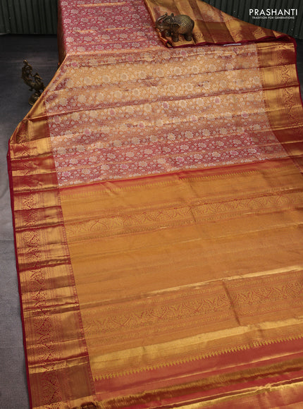 Pure kanchipuram tissue silk saree dual shade of golden red and maroon with allover zari woven floral brocade weaves and rich zari woven border