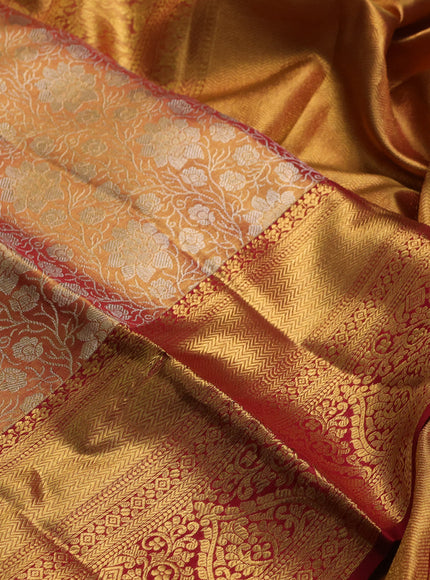 Pure kanchipuram tissue silk saree dual shade of golden red and maroon with allover zari woven floral brocade weaves and rich zari woven border