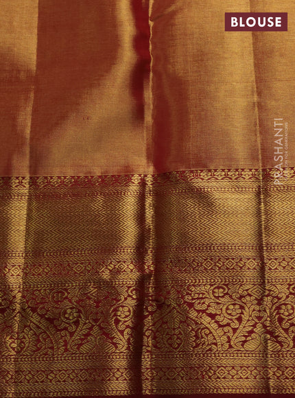 Pure kanchipuram tissue silk saree dual shade of golden red and maroon with allover zari woven floral brocade weaves and rich zari woven border