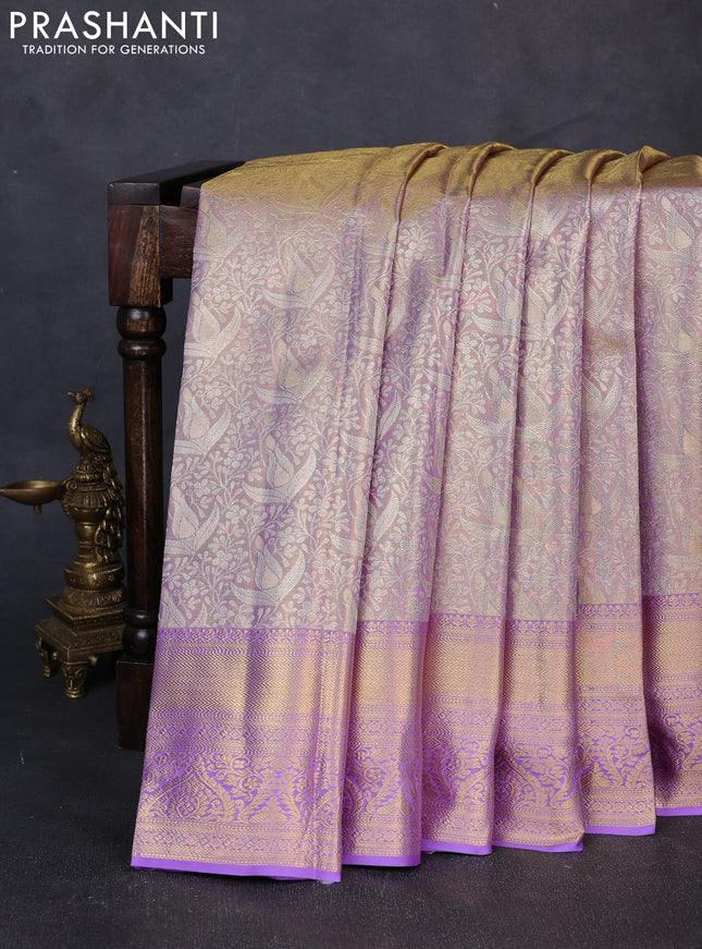 Pure kanchipuram tissue silk saree golden lavender and lavender with allover zari woven brocade weaves and rich zari woven border