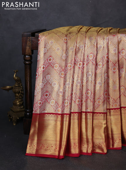 Pure kanchipuram tissue silk saree gold and maroon with allover zari woven brocade weaves and rich zari woven border