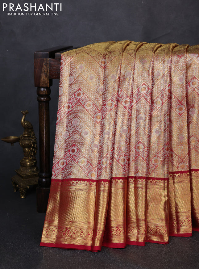 Pure kanchipuram tissue silk saree gold and maroon with allover zari woven brocade weaves and rich zari woven border