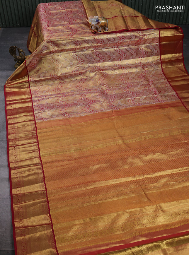 Pure kanchipuram tissue silk saree gold and maroon with allover zari woven brocade weaves and rich zari woven border