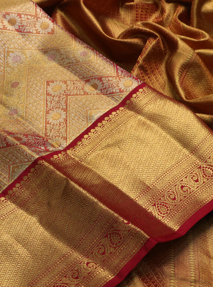 Pure kanchipuram tissue silk saree gold and maroon with allover zari woven brocade weaves and rich zari woven border