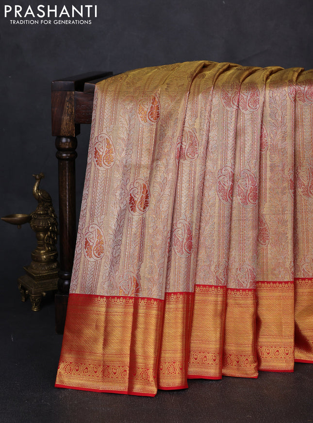 Pure kanchipuram tissue silk saree golden red and red with allover zari woven brocade weaves and rich zari woven border
