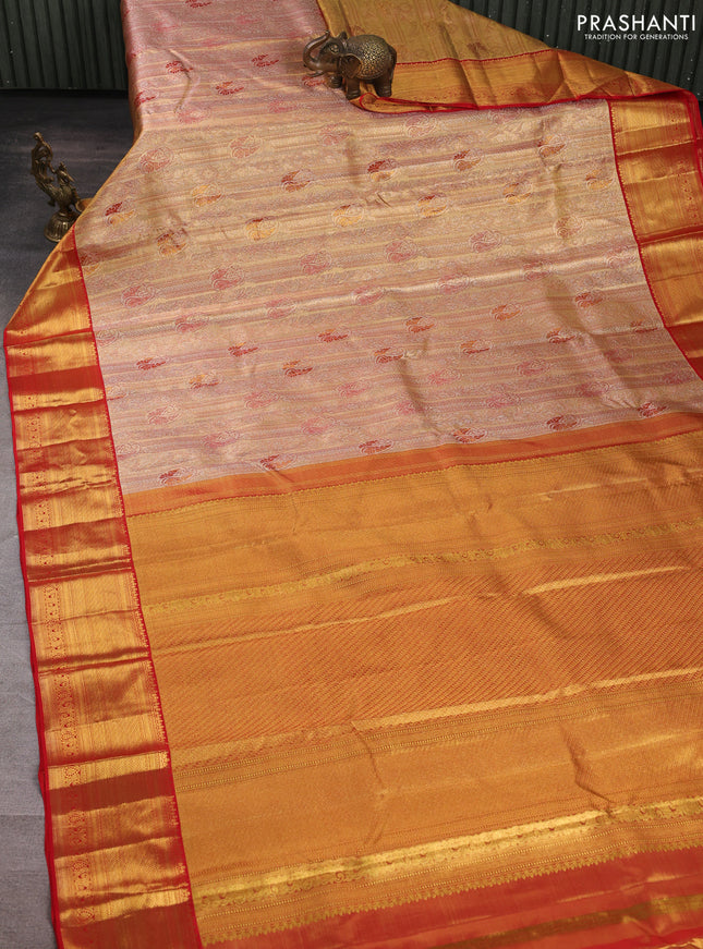 Pure kanchipuram tissue silk saree golden red and red with allover zari woven brocade weaves and rich zari woven border