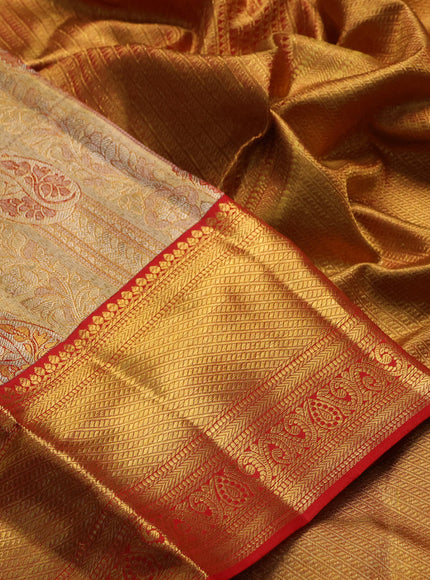 Pure kanchipuram tissue silk saree golden red and red with allover zari woven brocade weaves and rich zari woven border