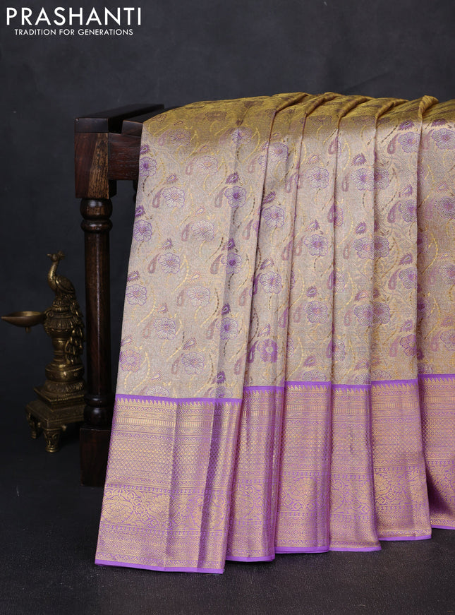 Pure kanchipuram tissue silk saree gold and lavender with allover zari woven floral brocade weaves and rich zari woven border