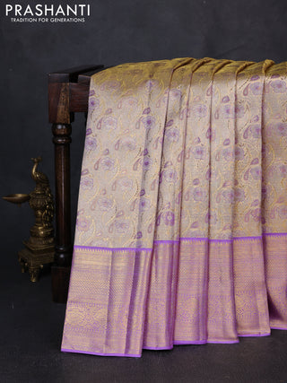 Pure kanchipuram tissue silk saree gold and lavender with allover zari woven floral brocade weaves and rich zari woven border