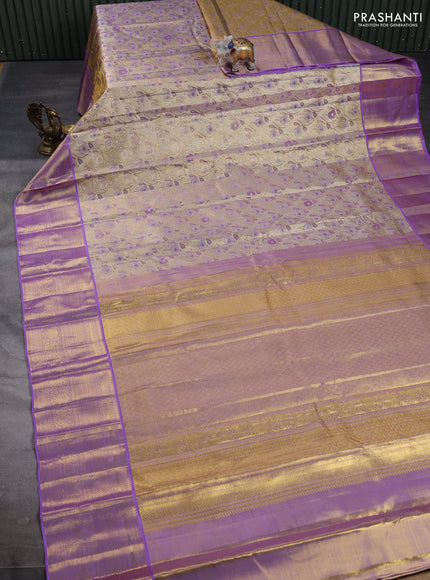 Pure kanchipuram tissue silk saree gold and lavender with allover zari woven floral brocade weaves and rich zari woven border