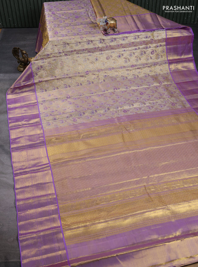Pure kanchipuram tissue silk saree gold and lavender with allover zari woven floral brocade weaves and rich zari woven border