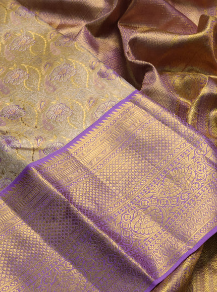 Pure kanchipuram tissue silk saree gold and lavender with allover zari woven floral brocade weaves and rich zari woven border