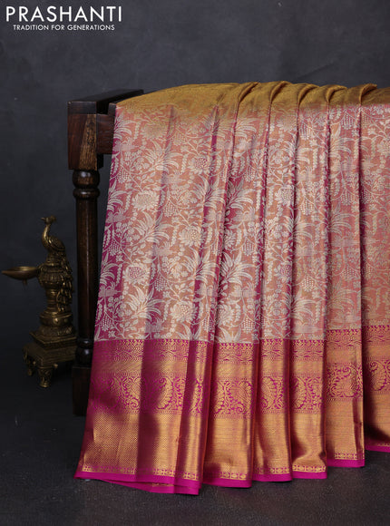 Pure kanchipuram tissue silk saree dual shade of golden pink and magenta pink with allover zari woven floral brocade weaves and long rich zari woven border
